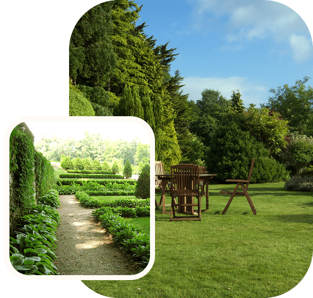 Lush garden with chairs and pathway.