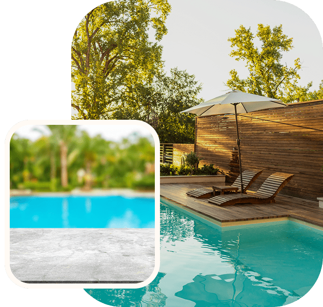 Outdoor swimming pool with lounge chairs and trees.
